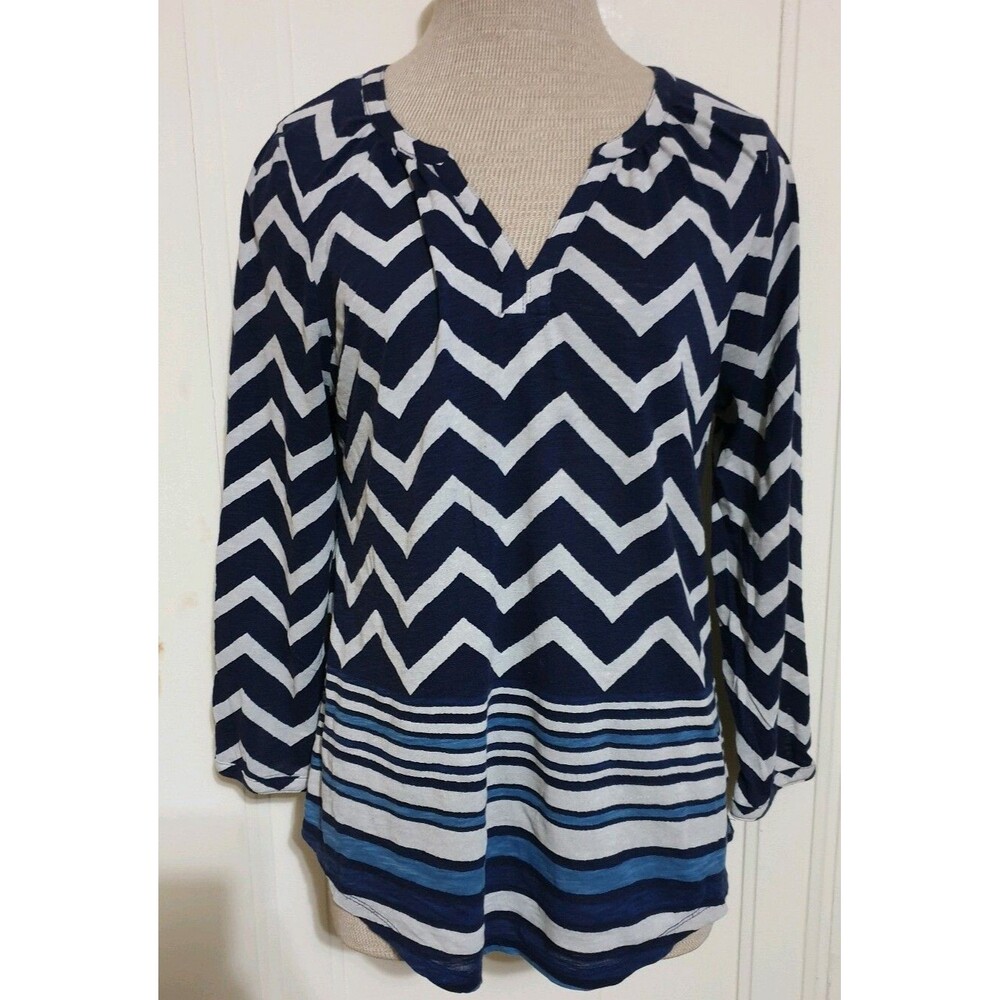 Lucky Brand Womens Small Multi Blue Chevron Print Top Long Sleeve Stretch Light